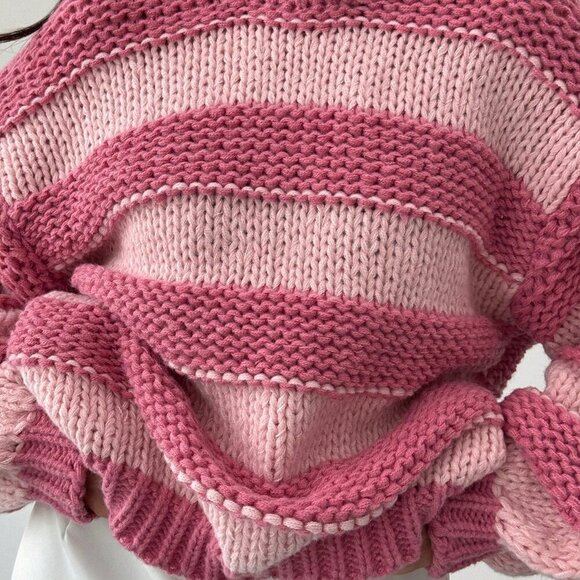 Pink Casual Women's Chunky Knit Contrast Color Lovely Crew Neck Warm Sweater - Picture 4 of 7